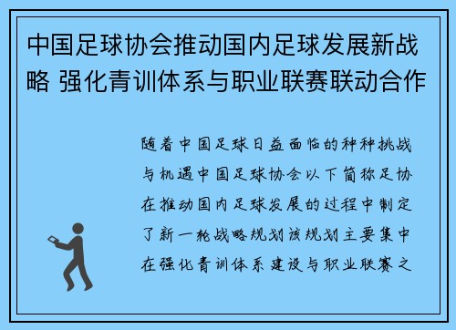 中国足球协会推动国内足球发展新战略 强化青训体系与职业联赛联动合作