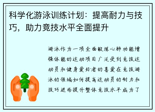 科学化游泳训练计划：提高耐力与技巧，助力竞技水平全面提升